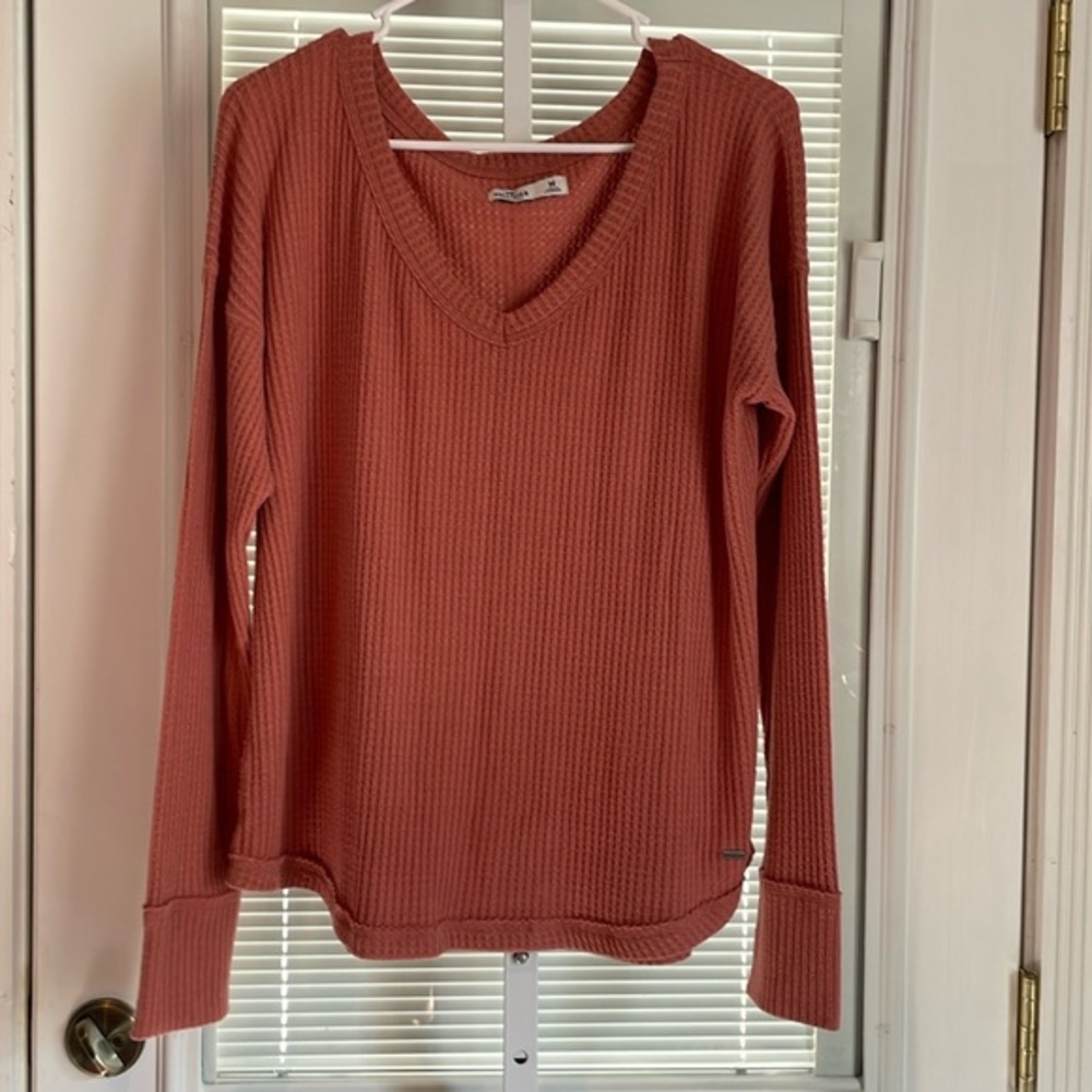Hollister Viscose VNeck Waffle Knit VNeck Sweater Sz Medium Salmon Pink Soft!